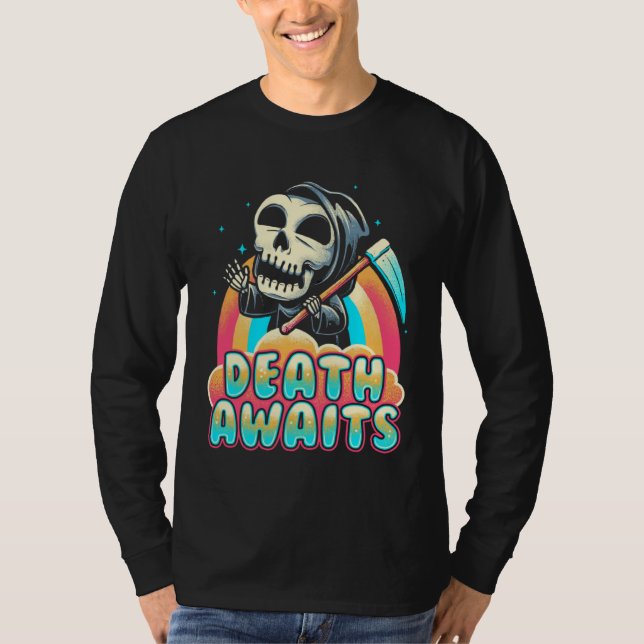 Death Awaits Grim Reaper Scythe Rainbow T-Shirt (Vorderseite)