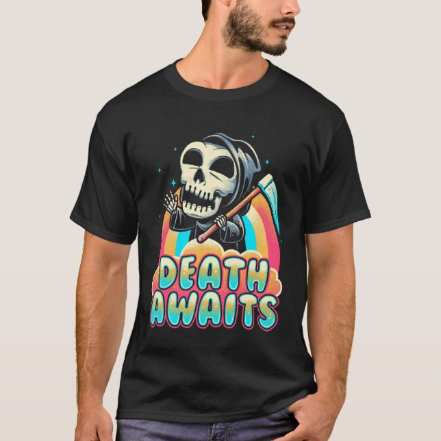 Death Awaits Grim Reaper Scythe Rainbow T-Shirt (Vorderseite)