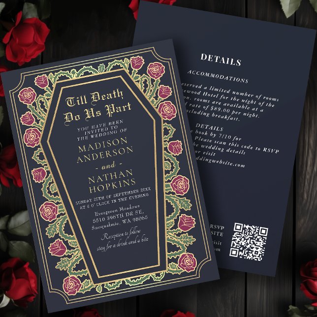 Death Do us Part Gold Blue Gothic Wedding QR Code Einladung (Von Creator hochgeladen)