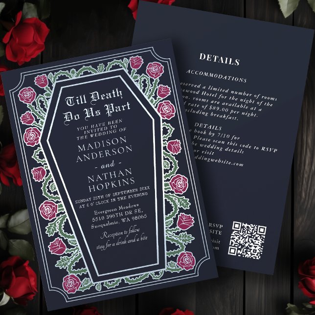 Death Do us Part Rose Blue Gothic Wedding QR Code Einladung (Von Creator hochgeladen)