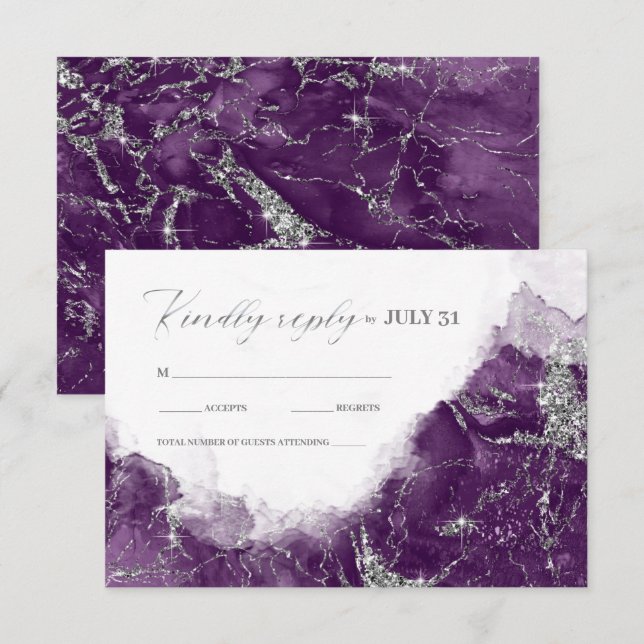Debbie U-W Marble Glitzer Wedding Plum Slvr ID644 RSVP Karte (Vorne/Hinten)