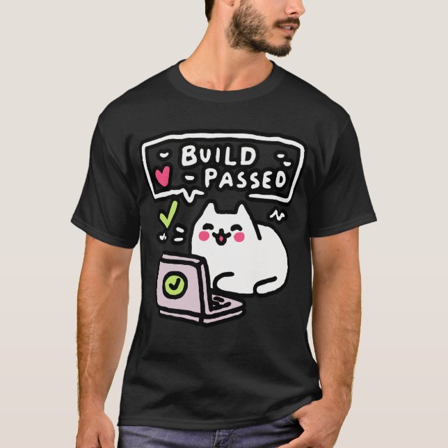 Debug Cat T-Shirt – "Build Passed" Grafik für Code (Vorderseite)