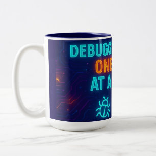 🖥️☕ Debugging Life One Sip at a Time – Neon Tech Zweifarbige Tasse