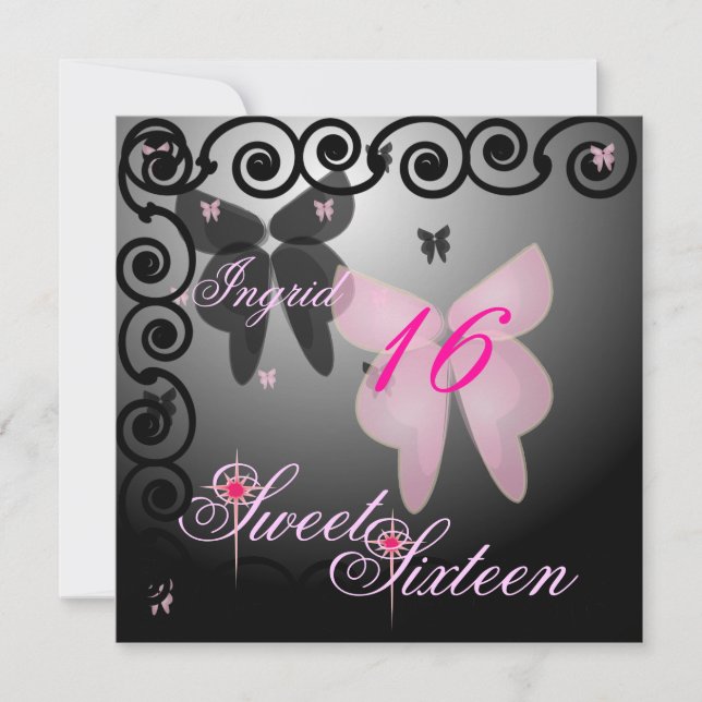 Debutant Butterfly 16 . Geburtstag Pink/Black Invi Einladung (Vorderseite)