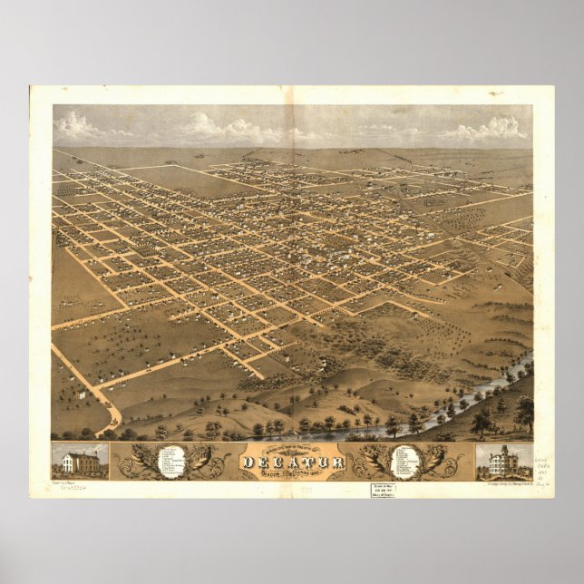 Decatur Illinois 1869 Antique Panoramabalkarte Poster (Vorne)