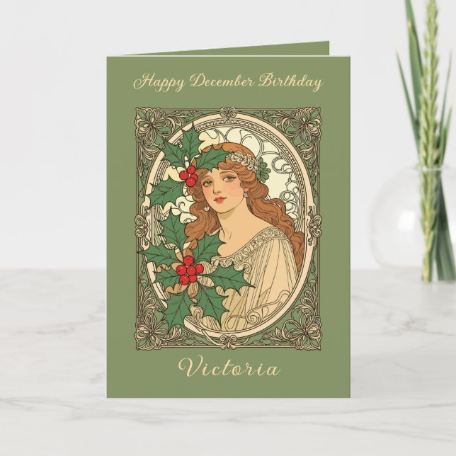 December Birthday Art Nouveau Holly Berries Karte (Vorderseite)