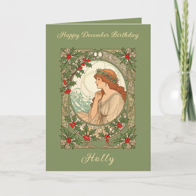 December Birthday Holly Berries Art Nouveau Karte (Vorderseite)