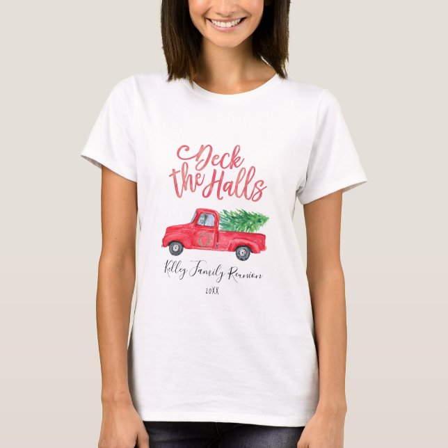 Deck die Hallen Wasserfarbe Retro Red Truck Urlaub T-Shirt (Vorderseite)