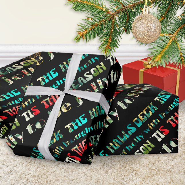 Deck Die Säle Festivals farbenfroh Groovy Moderne Geschenkpapier (Christmas gift wrapping paper with groovy multicolor words, from 'Deck the Halls' festive song)