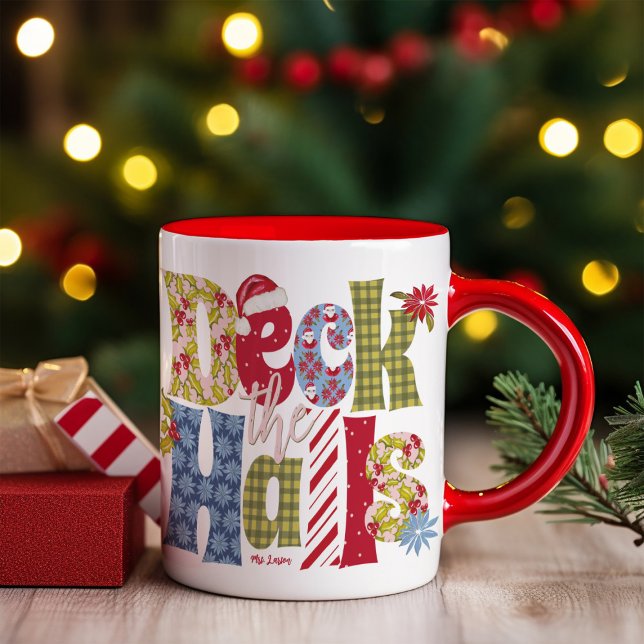 Deck Halls Holiday Patchwork Typografie Weihnachte Tasse (Von Creator hochgeladen)