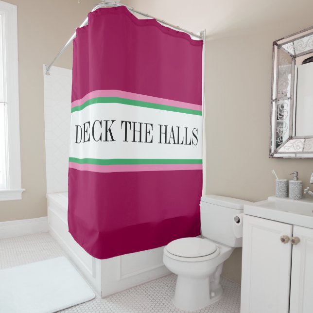 DECK THE HALLS Fun Red Green Pink White Stripes Duschvorhang (Beispiel)