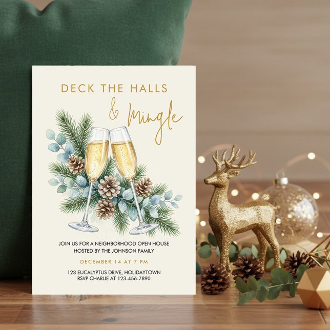 Deck the Halls Mingle Champagner Feierparty Einladung (Holiday Party Invitation with champagne & greenery by Darling & May - printed or digital download)