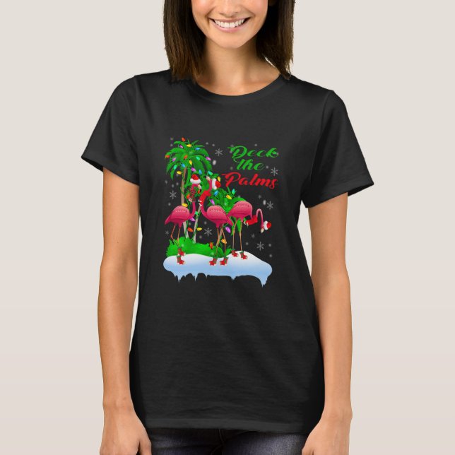 Deck the Palms frohe Weihnachtsleuchten Flamingo T-Shirt (Vorderseite)