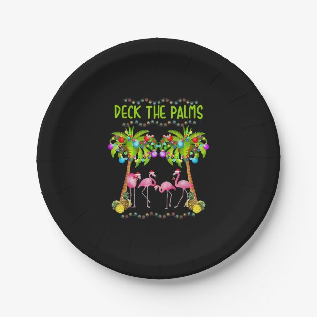 Deck the Palms Merry Flamingo Christmas tee funny Pappteller (Vorderseite)