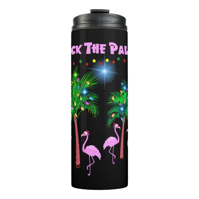 Deck The Palms Tropical Pink Flamingos Palm Tree Thermosbecher (Vorderseite)