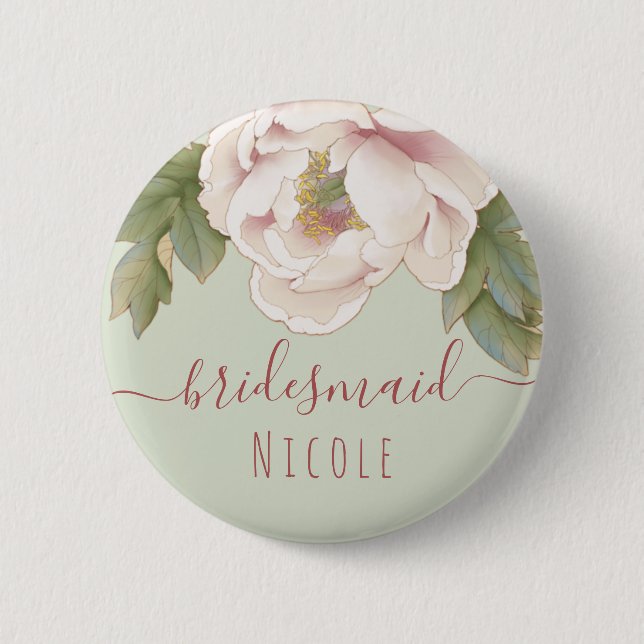 Deckblatt und Rosa Pink Peony Floral Bridesmaid Button (Vorderseite)