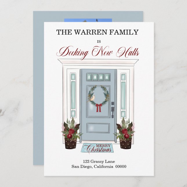 Decke neue Hallen Blue Door Weihnachts-Foto Moving Ankündigung (Vorne/Hinten)