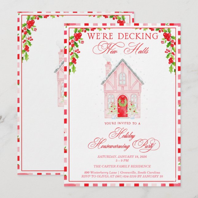 Decking New Halls Christmas Housewarming Einladung (Vorne/Hinten)