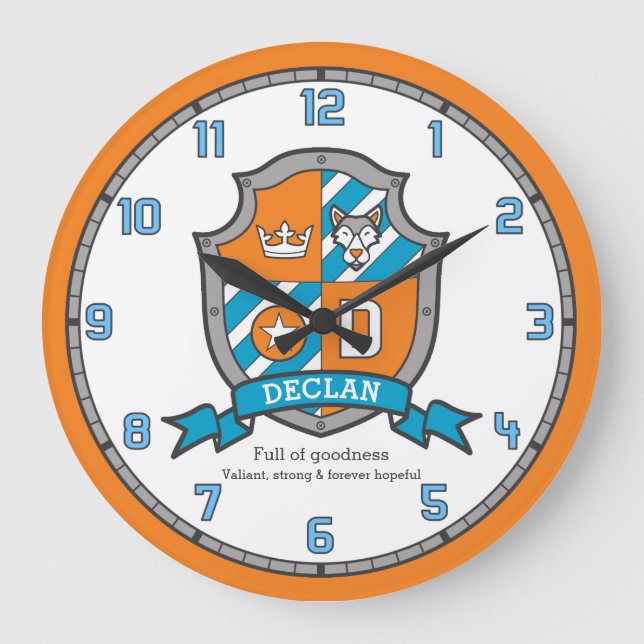Declan Jungs Name bedeutet Ritter Schild orange Große Wanduhr (Vorderseite)