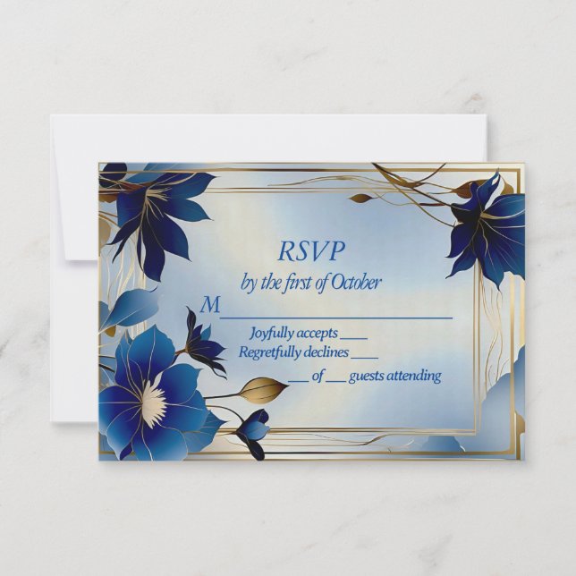 Deco blauen Blumen Hochzeit RSVP Karte (Vorderseite)
