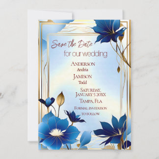 Deco blauen Blumen Hochzeit speichern Sie das Datu Save The Date