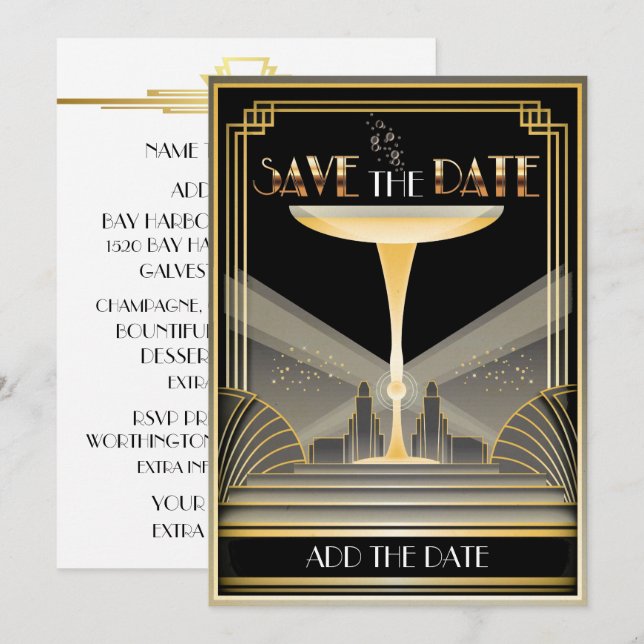 Deco Champagner Save The Date Einladung (Vorne/Hinten)
