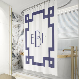 Deco-Monogramm weiß navyblaue griechische Schlüsse Duschvorhang