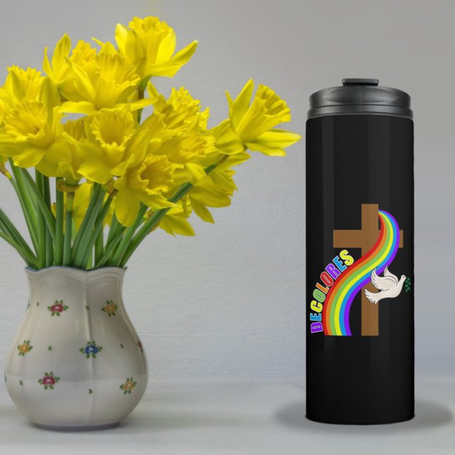 DeColores Cursillo Regenbogen mit Kreuz und Friede Thermosbecher (Von Creator hochgeladen)