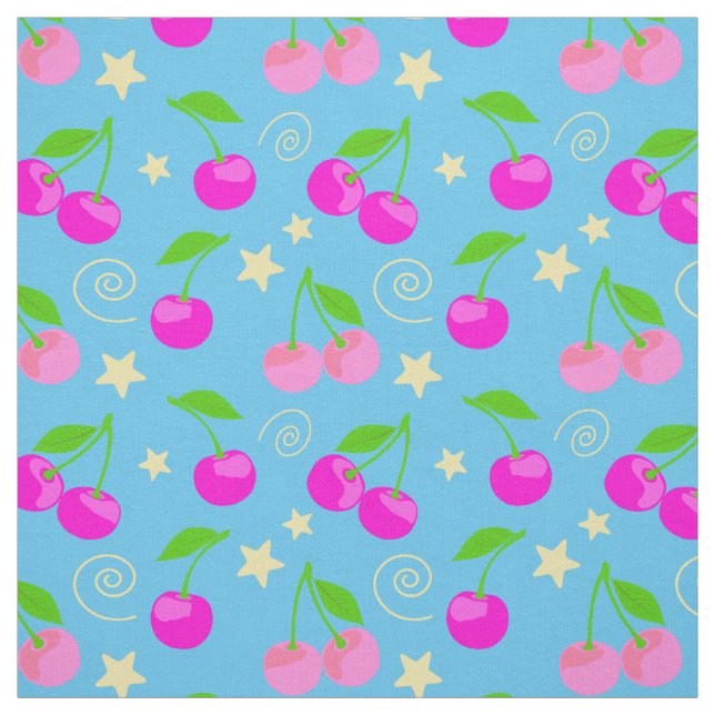 Decora Kei Cute Cherry Pattern on Blue Stoff (Muster)