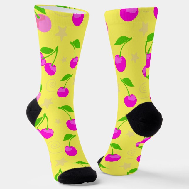 Decora Kei Regenbogen-Kirschmuster Gelb Socken (Gewinkelt)
