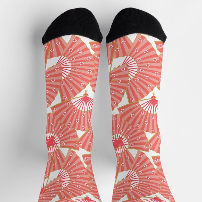 Decora Pink Japanese Geisha Fans Pattern Socken (Oben)