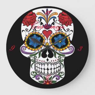 Decorated Human Skull Art Thunder_Cove Große Wanduhr