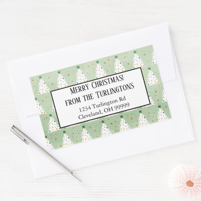 Decorated White Xmas Trees Green Star-Adresse Rechteckiger Aufkleber (Umschlag)