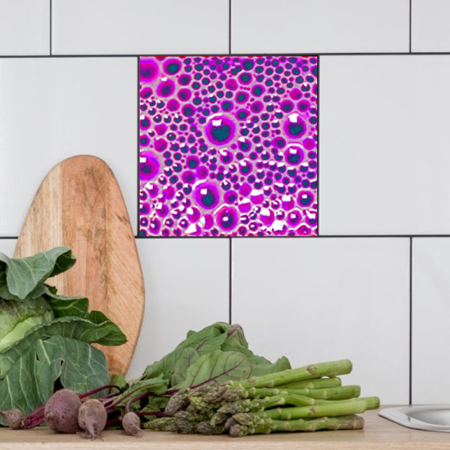 Decorative 4" Fliesenglanzblase in magenta Fliese (Magenta bubble tile shown  with white tiles in a kitchen.)