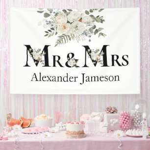 Decorative Beautiful White Floral Mr & Mrs. Weddin Banner