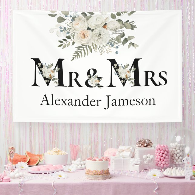 Decorative Beautiful White Floral Mr & Mrs. Weddin Banner (Party)