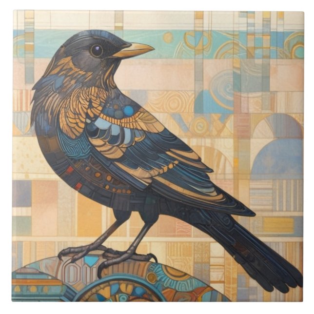 Decorative Blackbird Bird Art Earth Tone Orange Fliese (Vorderseite)