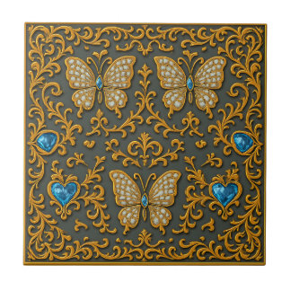 Decorative Butterfly Design in Gold and Blue Fliese