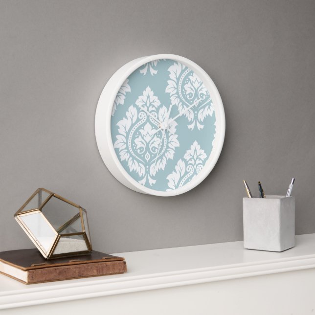 Decorative Damask Art I White on Duck Egg Blue Uhr (Büro)