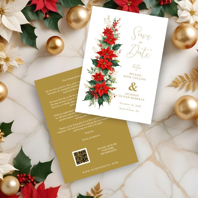 Decorative & Elaborate Elegant Poinsettias Garland Save The Date (Decorative & Elaborate Elegant Poinsettias Christmas Garland Wedding Save the Dates Cards.)