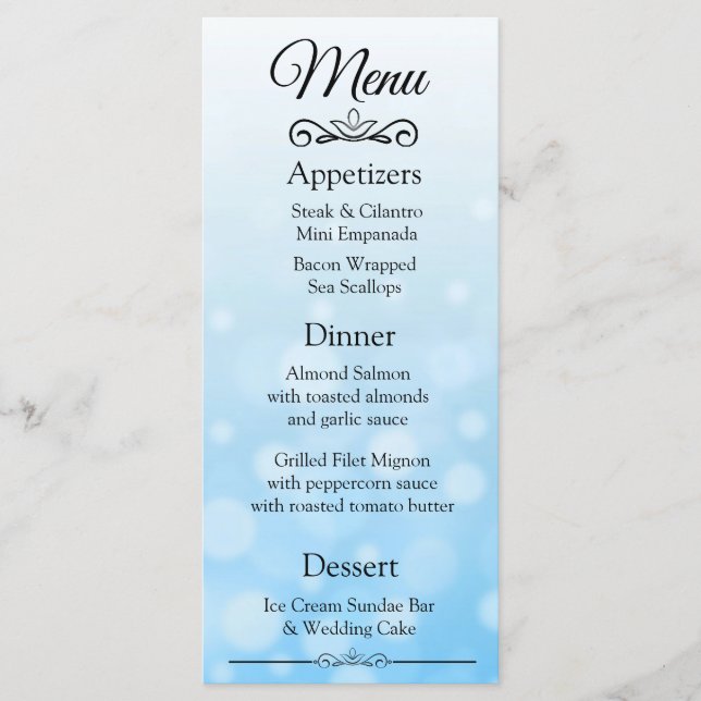 Decorative Elegant Blue Bokeh Wedding Menu Card Menükarte (Vorderseite)