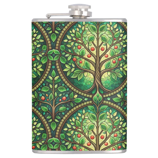 Decorative flask featuring a vibrant tree design  flachmann (Vorderseite)