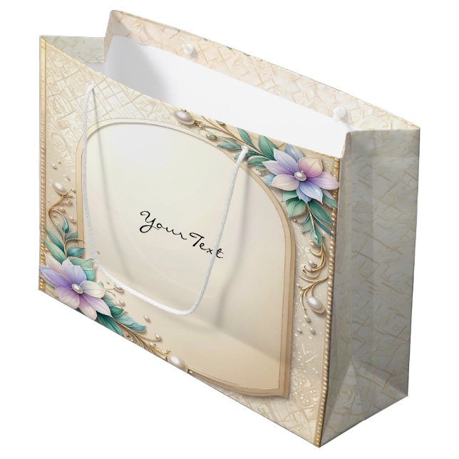 Decorative Floral Frame with Pearls Gift Bag Große Geschenktüte (Vorderseite Schrägansicht)