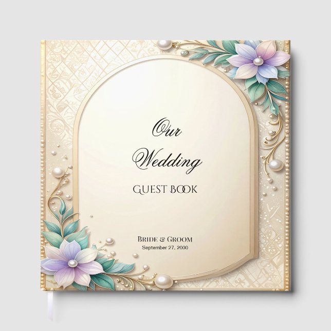 Decorative Floral Frame with Pearls Guest Book Gästebuch (Vorderseite)