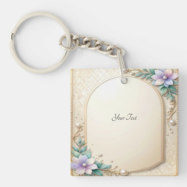 Decorative Floral Frame with Pearls Keychain Schlüsselanhänger (Vorderseite)