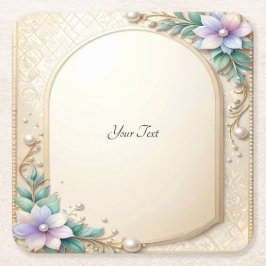 Decorative Floral Frame with Pearls Paper Coaster Rechteckiger Pappuntersetzer