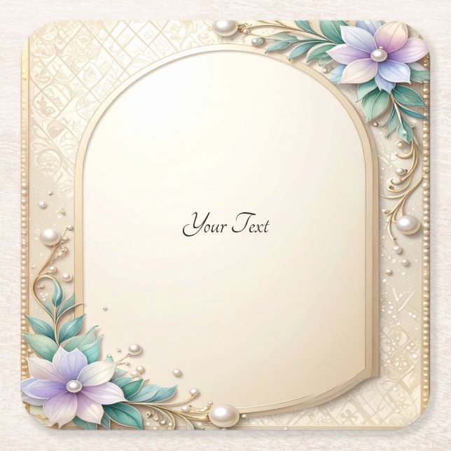 Decorative Floral Frame with Pearls Paper Coaster Rechteckiger Pappuntersetzer (Vorderseite)