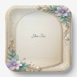 Decorative Floral Frame with Pearls Paper Plate Pappteller