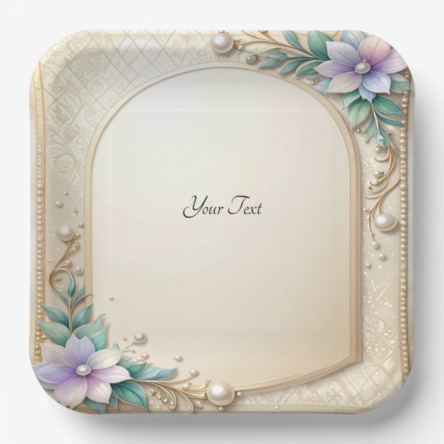 Decorative Floral Frame with Pearls Paper Plate Pappteller (Vorderseite)