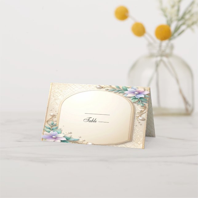 Decorative Floral Frame with Pearls Place Card Platzkarte (Vorderseite)